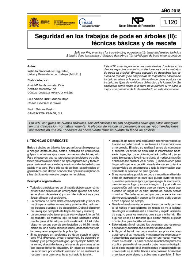 Primera página del documento NTP 1120: Seguridad en los trabajos de poda en árboles (II): técnicas básicas y de rescate - Año 2018