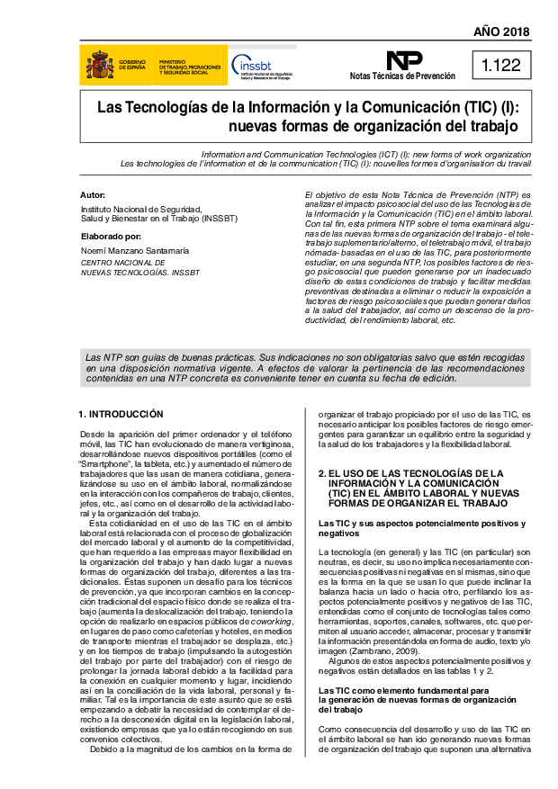 Primera página del documento NTP 1122: Las Tecnologías de la Información y la Comunicación (TIC) (I) - Año 2018