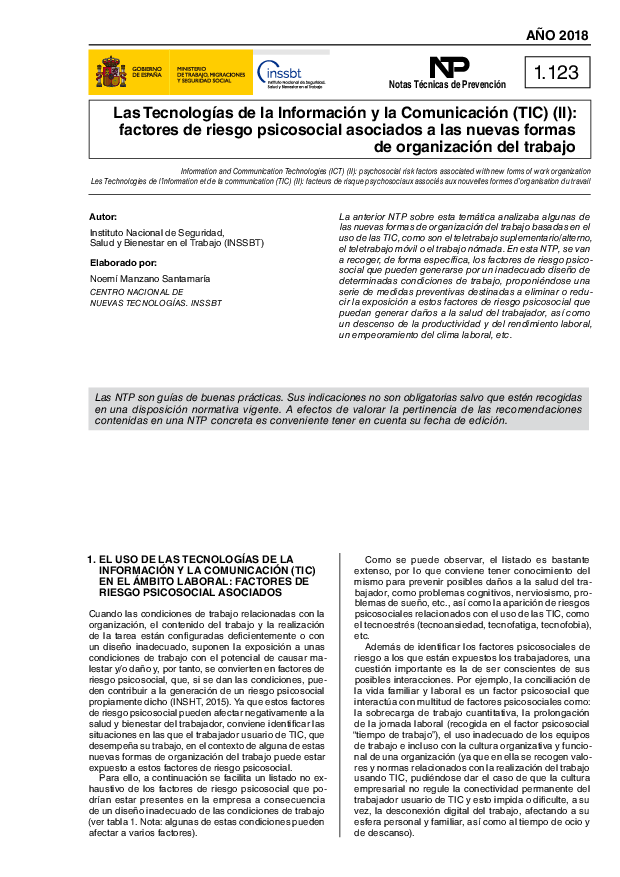 Primera página del documento NTP 1123: Las Tecnologías de la Información y la Comunicación (TIC) (II) - Año 2018