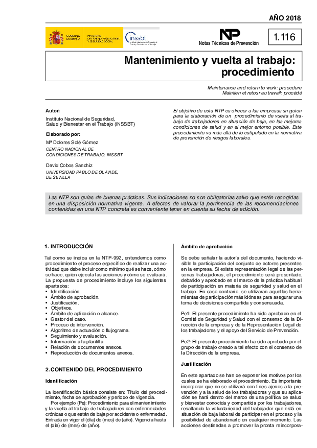 Primera página del documento NTP 1116: Mantenimiento y vuelta al trabajo: procedimiento - Año 2018