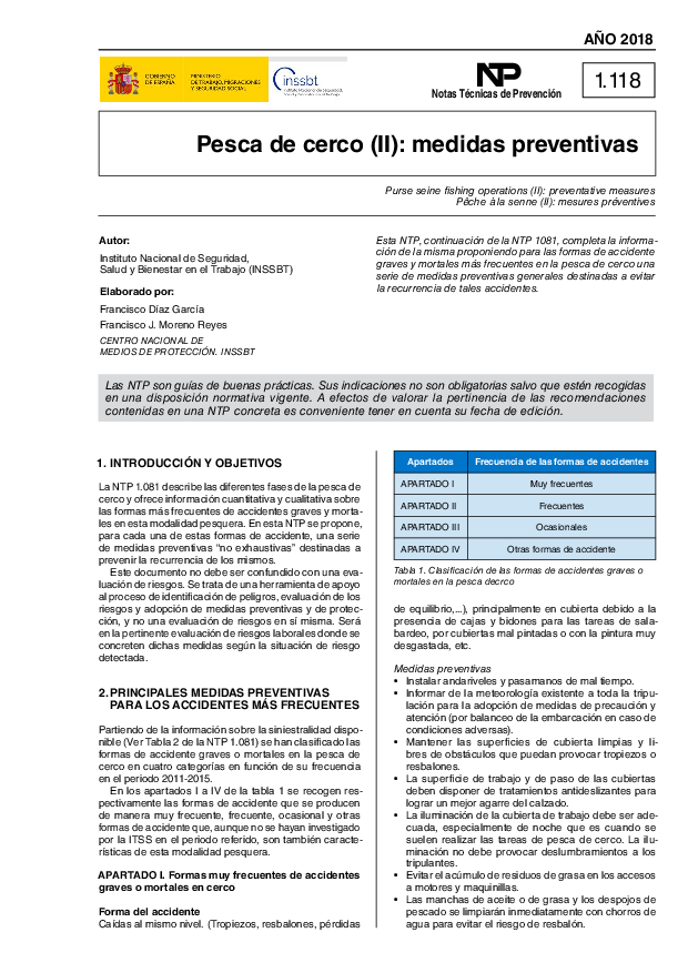 Primera página del documento NTP 1118: Pesca de cerco (II): Medidas preventivas - Año 2018