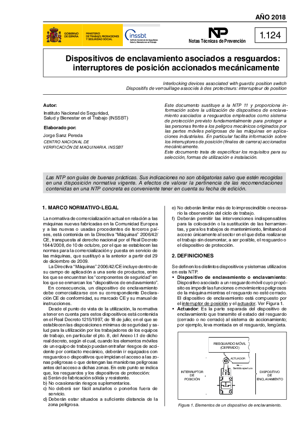 Primera página del documento NTP 1124: Dispositivos de enclavamiento asociados a resguardos - Año 2018