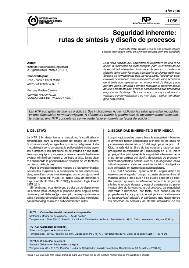 Primera página del documento NTP 1066: Seguridad inherente: rutas de síntesis y diseño de procesos - Año 2017