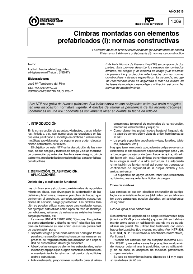 Primera página del documento NTP 1069: Cimbras montadas con elementos prefabricados (I) - Año 2017