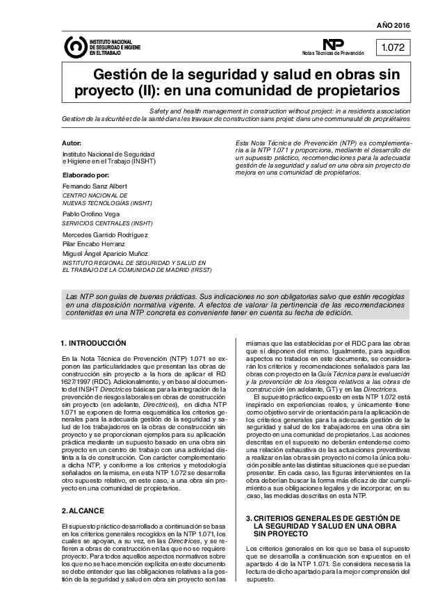 Primera página del documento NTP 1072: Gestión de la seguridad y salud en obras sin proyecto (II) - Año 2016