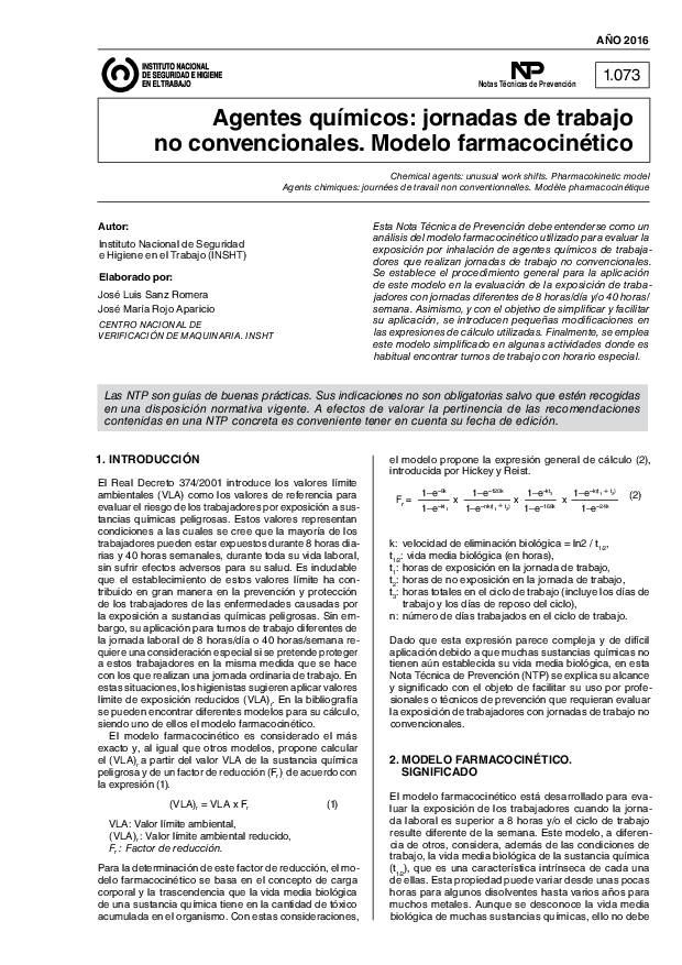 Primera página del documento NTP 1073: Agentes químicos: jornadas de trabajo no convencionales. Modelo farmacológico - Año 2017
