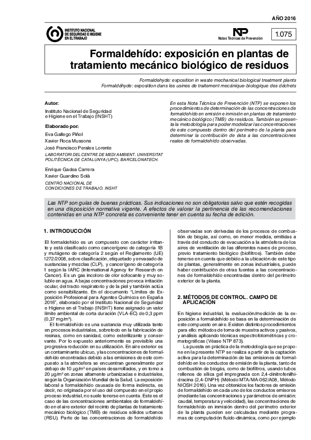 Primera página del documento NTP 1075: Formaldehído: exposición en plantas de tratamiento mecánico biológico de residuos - Año 2017