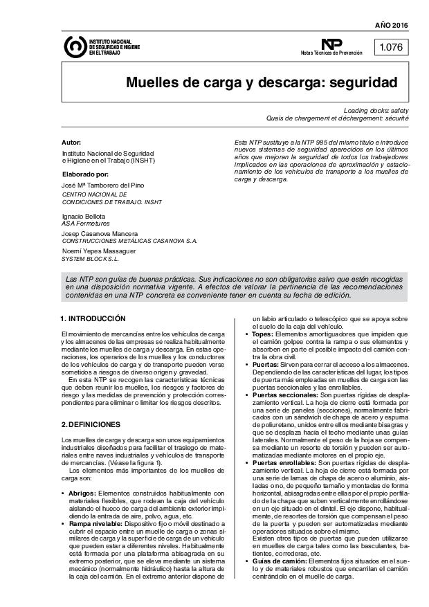 Primera página del documento NTP 1076: Muelles de carga y descarga: seguridad - Año 2016