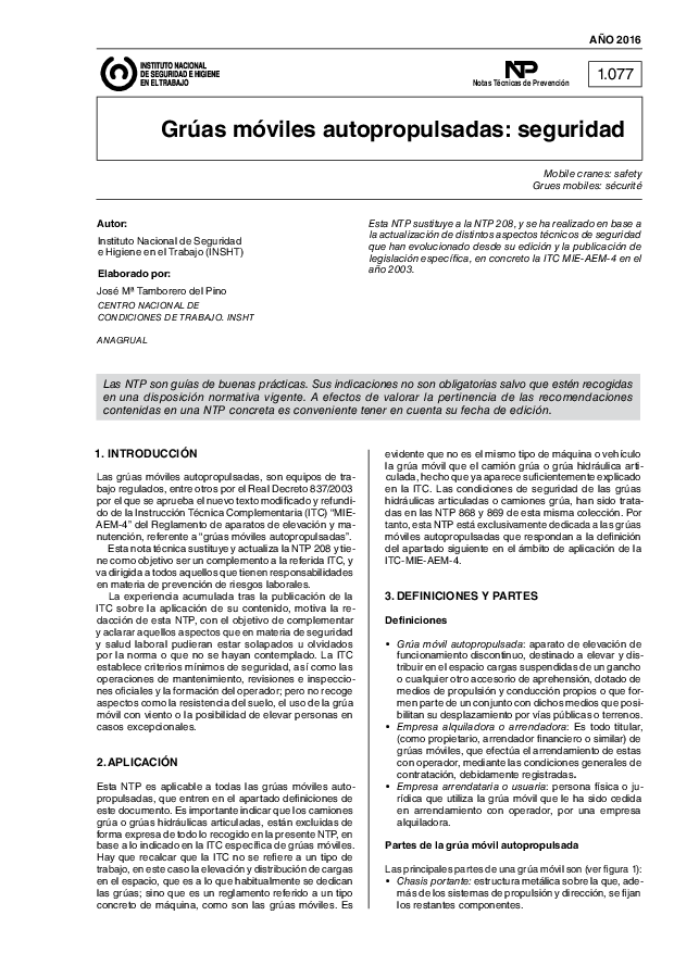 Primera página del documento NTP 1077: Grúas móviles autopropulsadas: seguridad - Año 2016