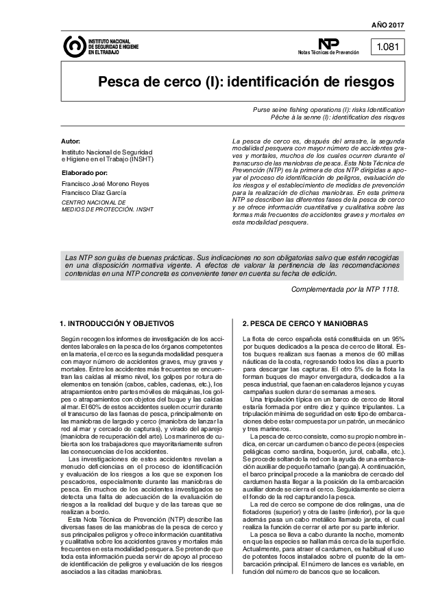 Primera página del documento NTP 1081: Pesca de cerco (I): identificación de riesgos - Año 2017