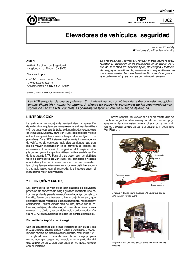 Primera página del documento NTP 1082: Elevadores de vehículos: seguridad - Año 2017