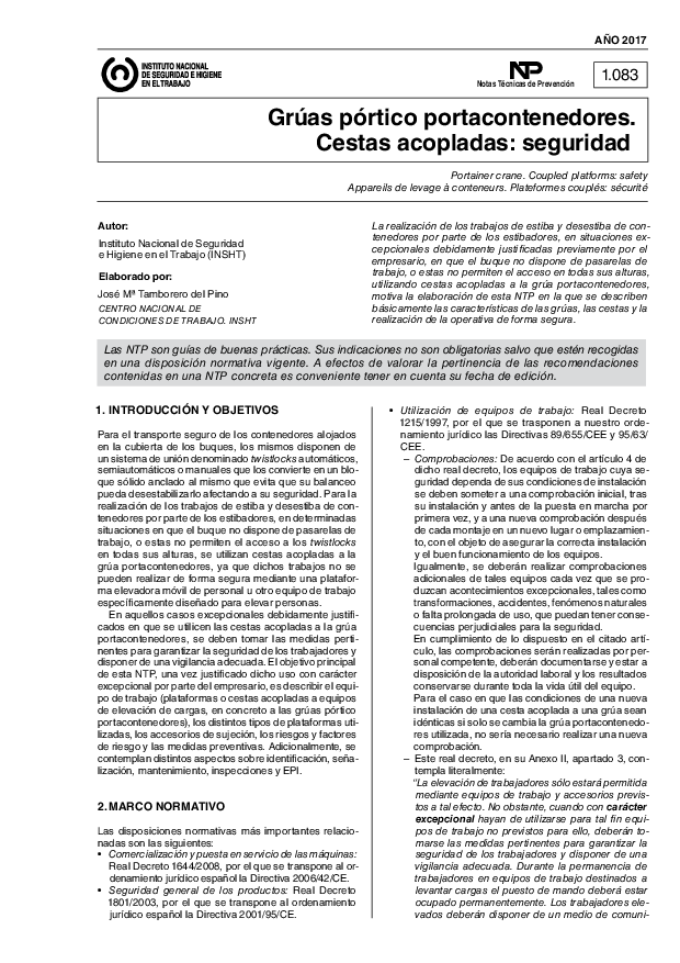 Primera página del documento NTP 1083: Grúas pórtico portacontenedores. Cestas acopladas: seguridad - Año 2017