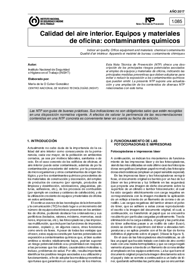 Primera página del documento NTP 1085: Calidad del aire interior. Equipos y materiales de oficina: contaminantes químicos - Año 2017