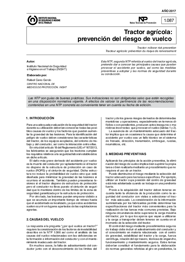 Primera página del documento NTP 1087: Tractor agrícola: prevención del riesgo de vuelco - Año 2017