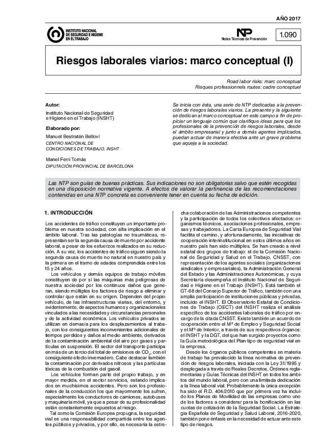 Primera página del documento NTP 1090: Riesgos laborales viarios: marco conceptual (I) - Año 2017