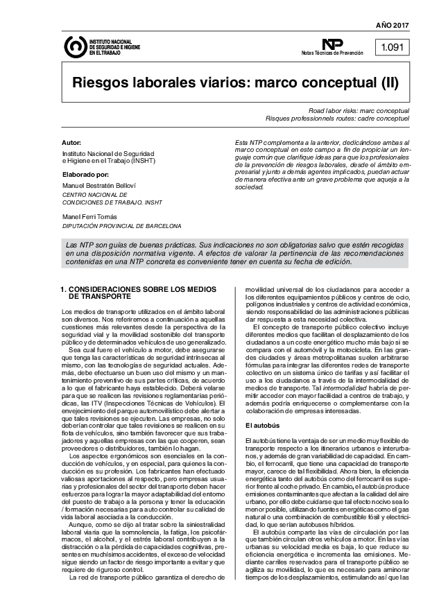 Primera página del documento NTP 1091: Riesgos laborales viarios: marco conceptual (II) - Año 2017