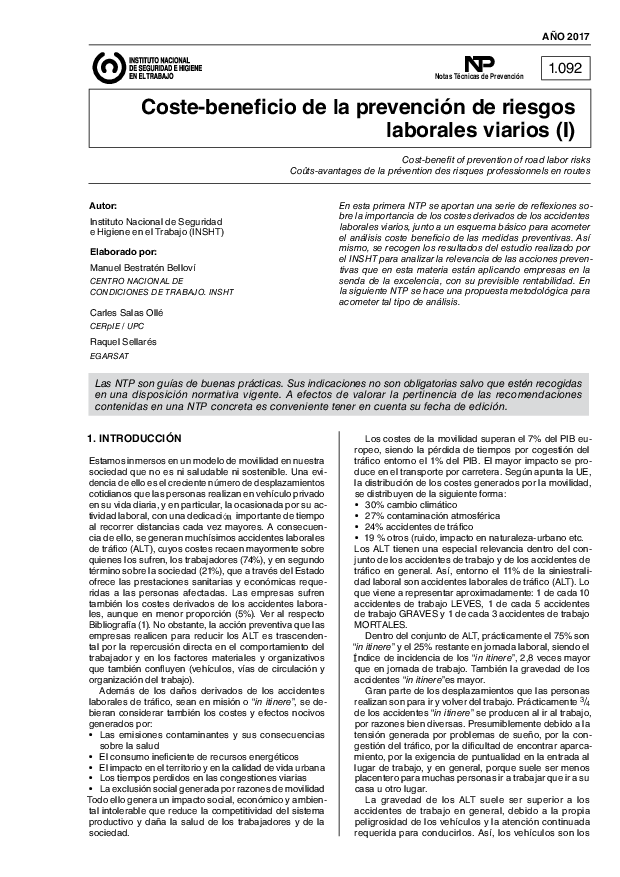 Primera página del documento NTP 1092: Coste-beneficio de la prevención de riesgos laborales viarios (I) -Año 2017