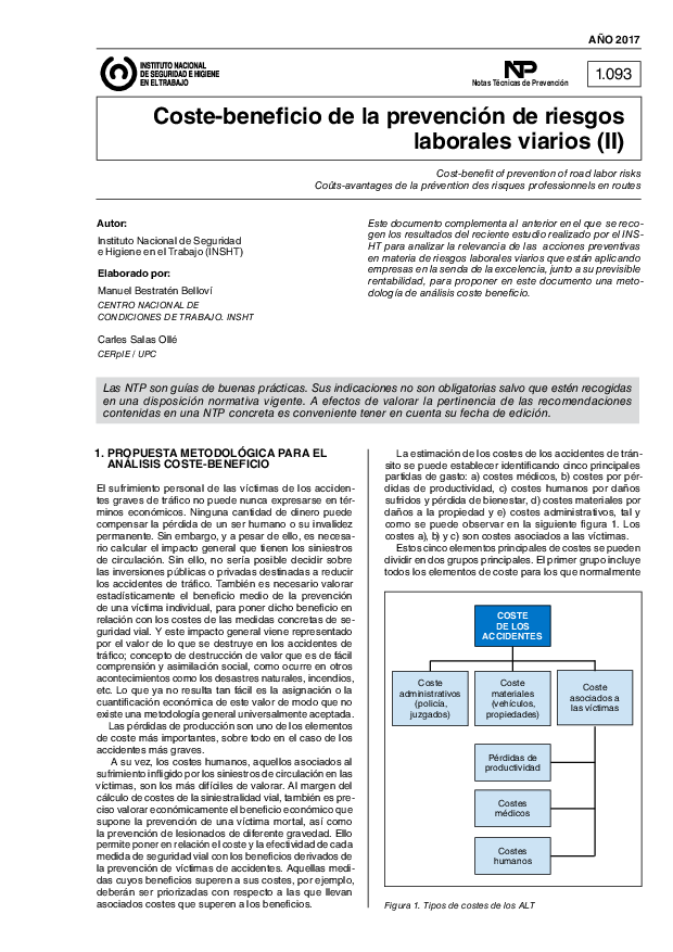 Primera página del documento NTP 1093: Coste-beneficio de la prevención de riesgos laborales viarios (II) - Año 2017