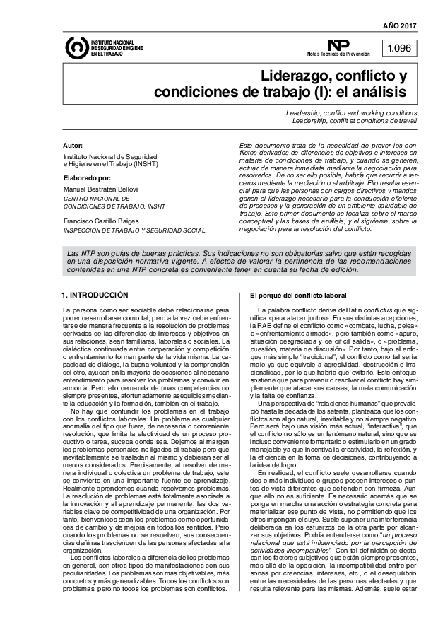 Primera página del documento NTP 1096: Liderazgo, conflicto y condiciones de trabajo (I): el análisis - Año 2017