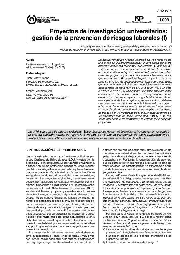 Primera página del documento NTP 1099: Proyectos de investigación universitarios: gestión de la PRL (I) - Año 2017