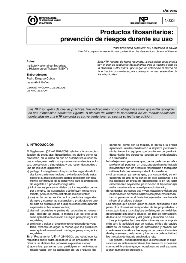 Primera página del documento NTP 1033: Productos fitosanitarios: prevención de riesgos durante su uso - Año 2015