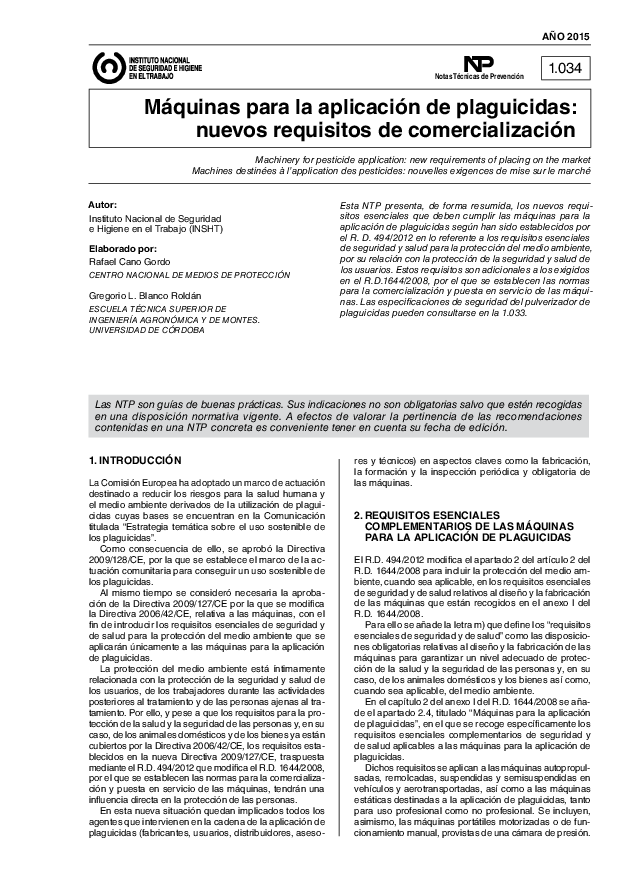 Primera página del documento NTP 1034: Máquinas para la aplicación de plaguicidas - Año 2015