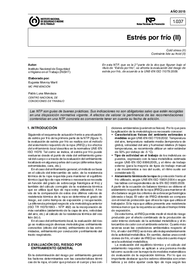 Primera página del documento NTP 1037: Estrés por frío (II) - Año 2015