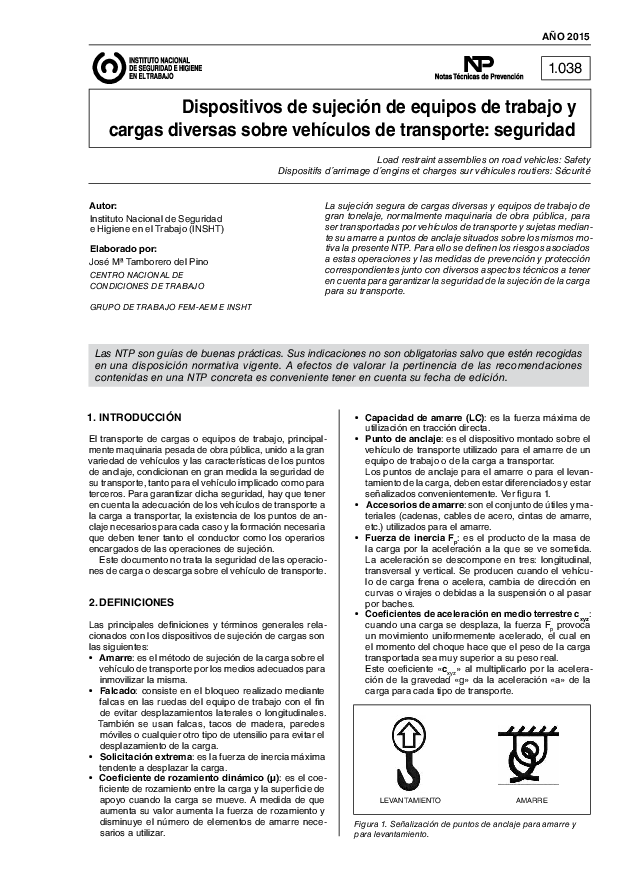 Primera página del documento NTP 1038: Dispositivos de sujeción de equipos de trabajo y cargas diversas sobre vehículos de transporte - Año 2015
