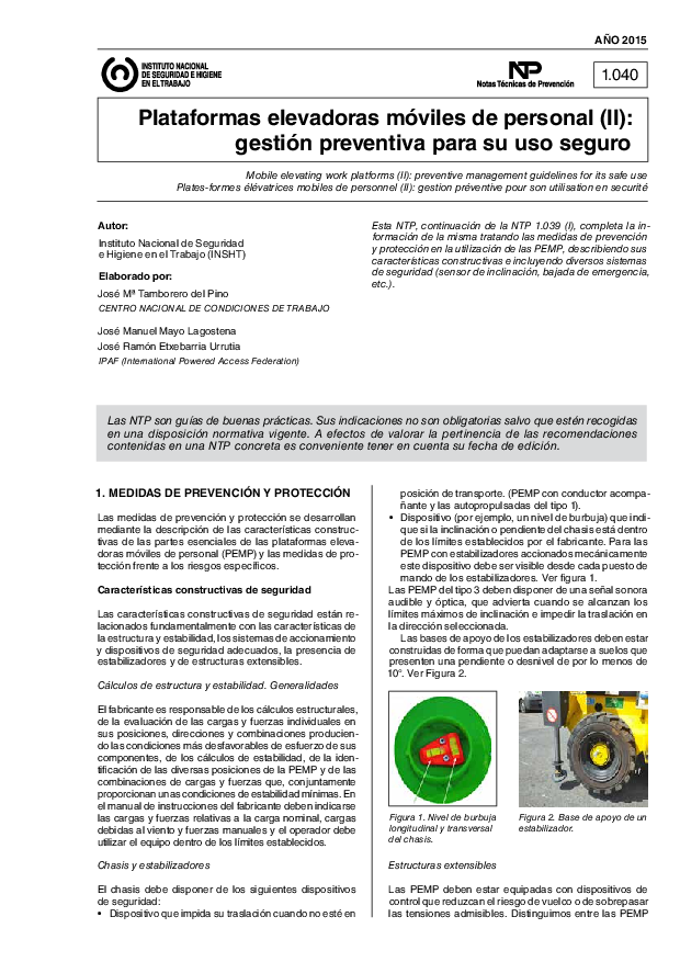 Primera página del documento NTP 1040: Plataformas elevadoras móviles de personal (II) - Año 2015