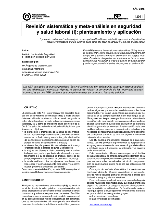 Primera página del documento NTP 1041: Revisión sistemática y meta-análisis en seguridad y salud laboral (I) - Año 2015