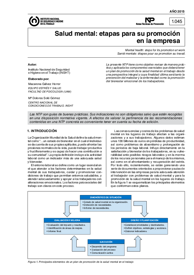 Primera página del documento NTP 1045: Salud mental: etapas para su promoción en la empresa - Año 2015