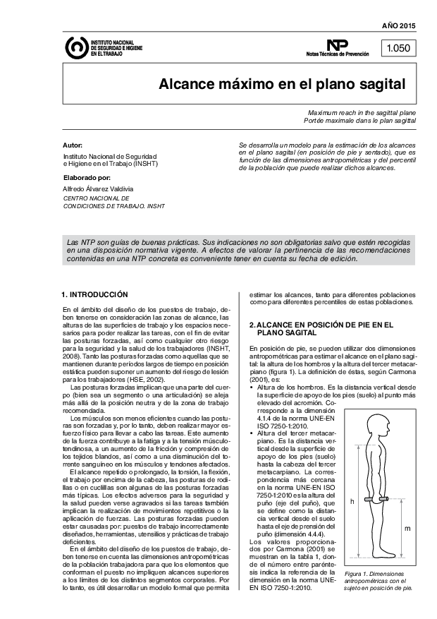 Primera página del documento NTP 1050: Alcance máximo en el plano sagital - Año 2015