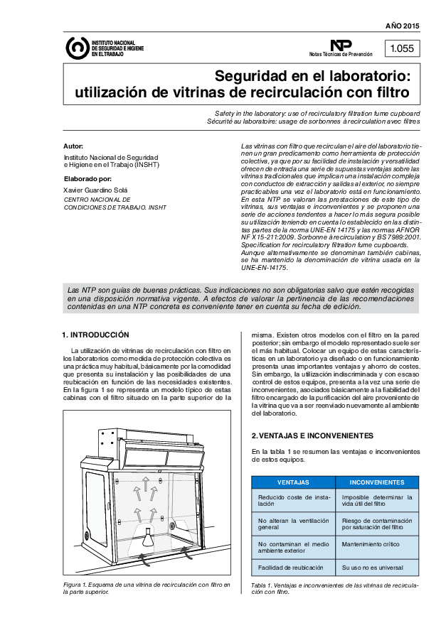 Primera página del documento NTP 1055: Seguridad en el laboratorio: utilización de vitrinas de recirculación con filtro - Año 2015
