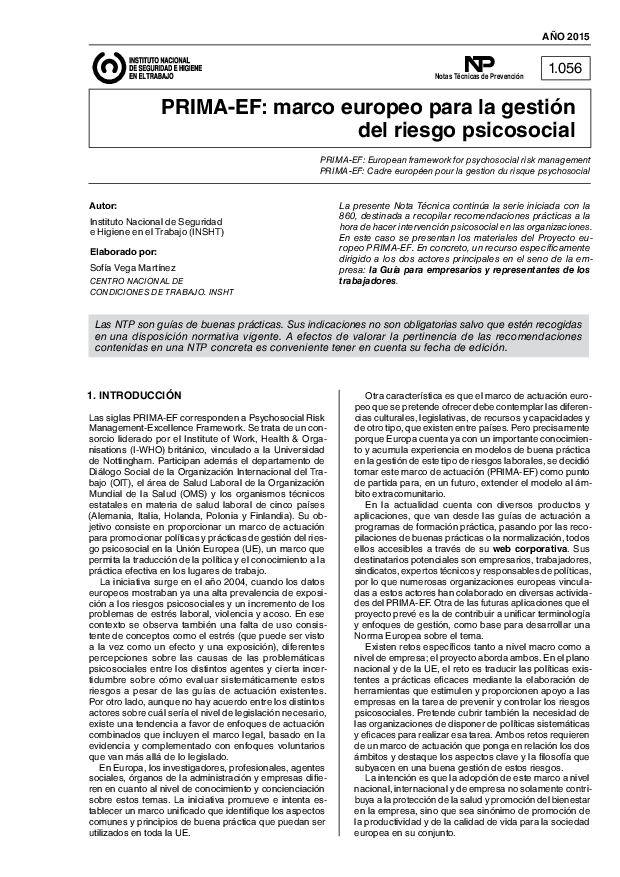 Primera página del documento NTP 1056: PRIMA-EF: marco europeo para la gestión del riesgo psicosocial - Año 2015