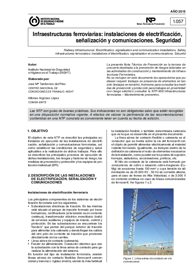 Primera página del documento NTP 1057: Infraestructuras ferroviarias: instalaciones de electrificación, señalización y comunicaciones. Seguridad - Año 2015