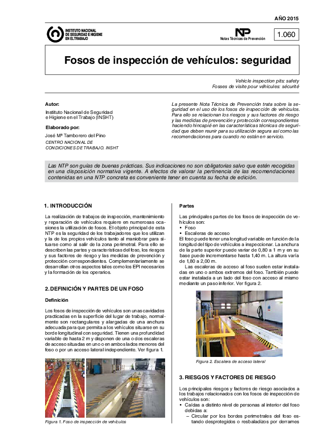 Primera página del documento NTP 1060: Fosos de inspección de vehículos: seguridad - Año 2015
