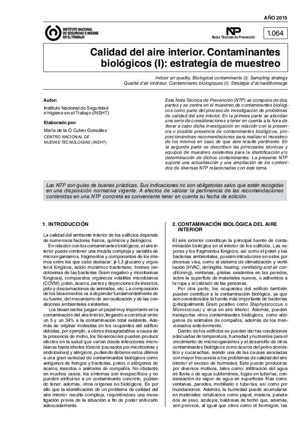 Primera página del documento NTP 1064: Calidad del aire interior. Contaminantes biológicos (I): estrategia de muestreo - Año 2015