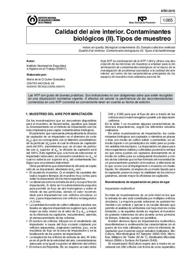 Primera página del documento NTP 1065: Calidad del aire interior. Contaminantes biológicos (II). Tipos de muestreo - Año 2015