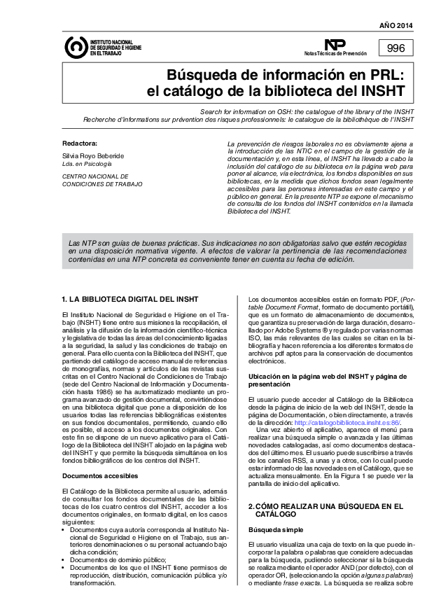 Primera página del documento Notas Técnicas de Prevención. Serie 29ª (nº 996 a 1030)