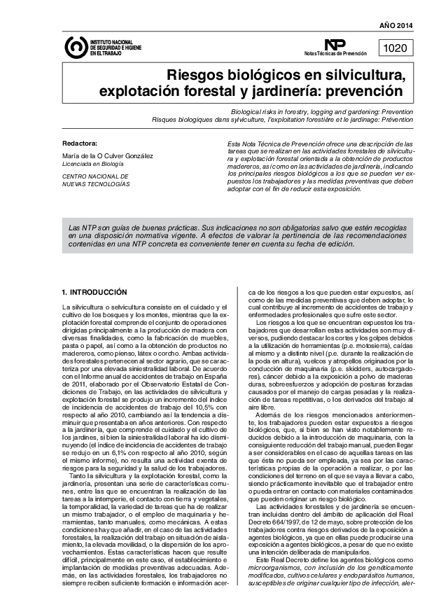 Primera página del documento NTP 1020: Riesgos biológicos en silvicultura, explotación forestal y jardinería: prevención - Año 2014