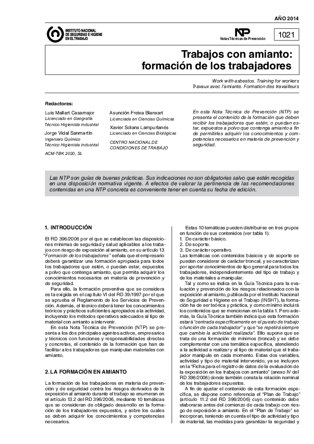 Primera página del documento NTP 1021: Trabajos con amianto: formación de los trabajadores - Año 2014