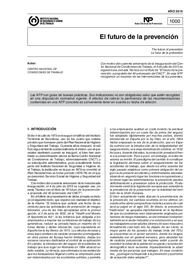 Primera página del documento NTP 1000: El futuro de la prevención - Año 2014