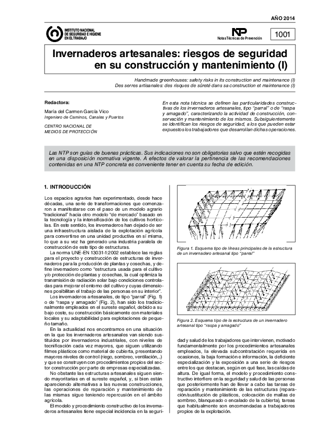 Primera página del documento NTP 1001: Invernaderos artesanales: riesgos de seguridad en su construcción y mantenimiento (I) - Año 2014
