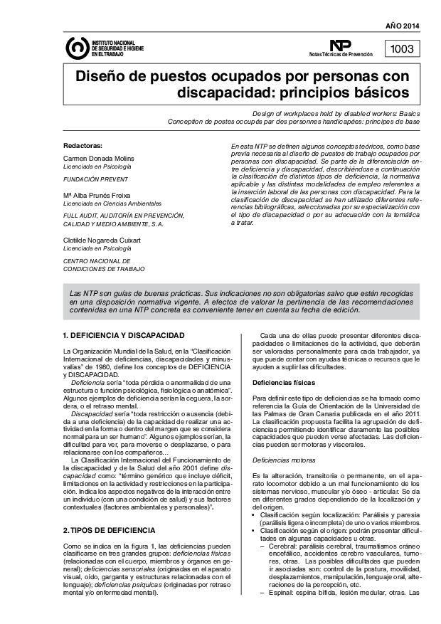 Primera página del documento NTP 1003: Diseño de puestos ocupados por personas con discapacidad: principios básicos - Año 2014
