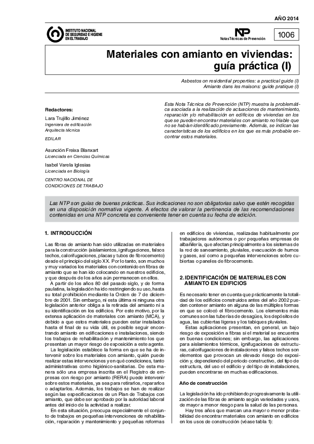 Primera página del documento NTP 1006: Materiales con amianto en viviendas: guía práctica (I) - Año 2014