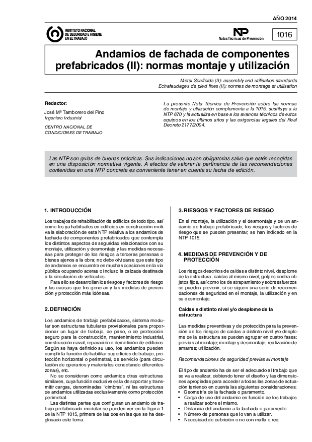 Primera página del documento NTP 1016: Andamios de fachada de componentes prefabricados (II): normas montaje y utilización - Año 2014