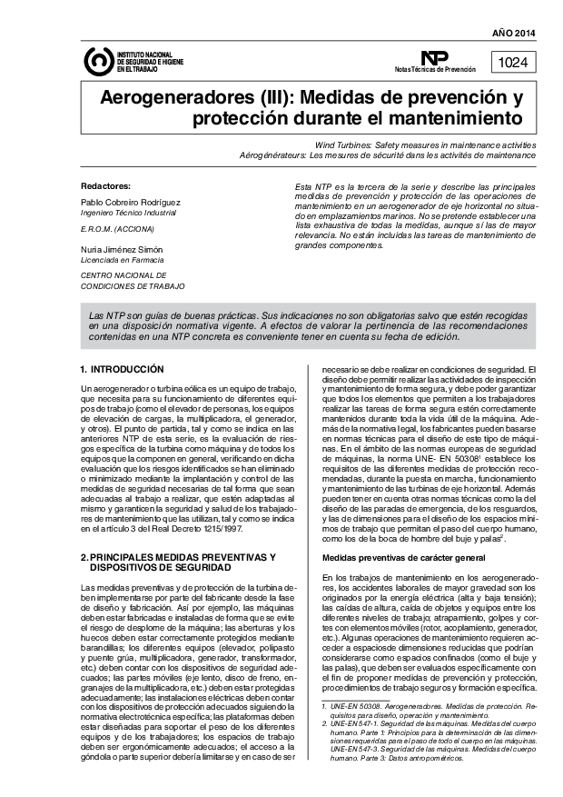 Primera página del documento NTP 1024:  Aerogeneradores (III): Medidas de prevención y protección durante el mantenimiento - Año 2014
