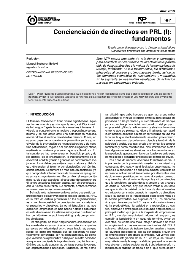Primera página del documento NTP 0961: Concienciación de directivos en PRL (I): fundamentos - Año 2013