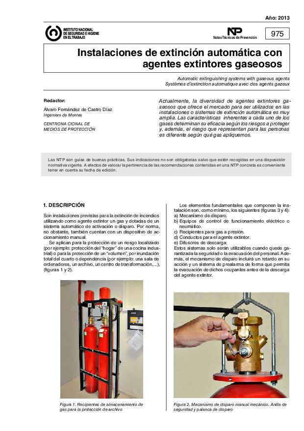 Primera página del documento NTP 0975: Instalaciones de extinción automática con agentes extintores gaseosos - Año 2013