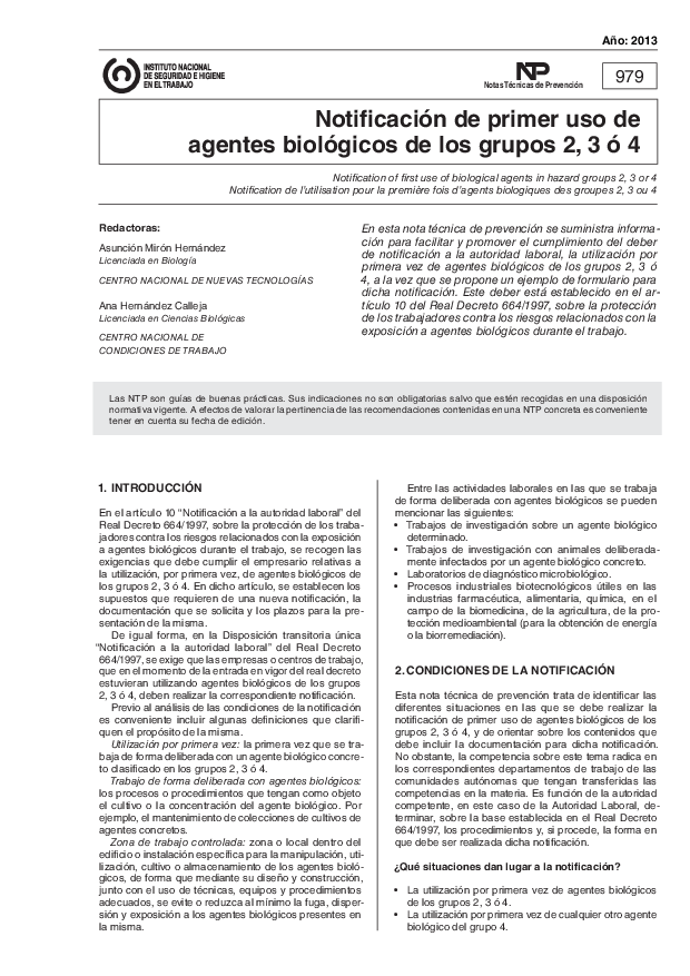 Primera página del documento NTP 0979: Notificación de primer uso de agentes biológicos de los grupos 2, 3 ó 4 - Año 2013
